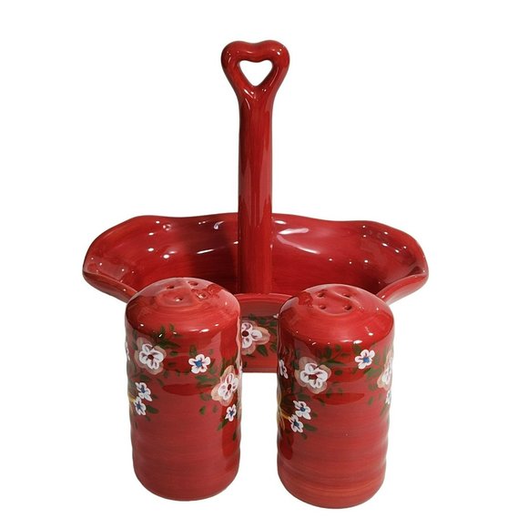 Handcrafted Ceramic Red Salt And Pepper Shakers With Caddy - Picture 3 of 16
